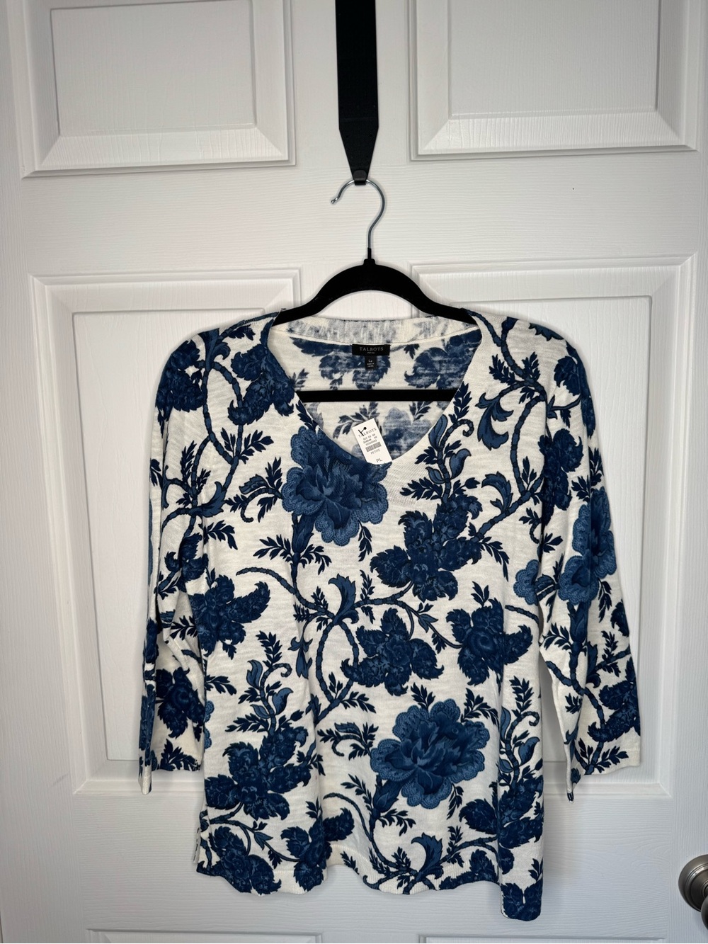 Talbots Cream and Blue Floral V-Neck Sweater